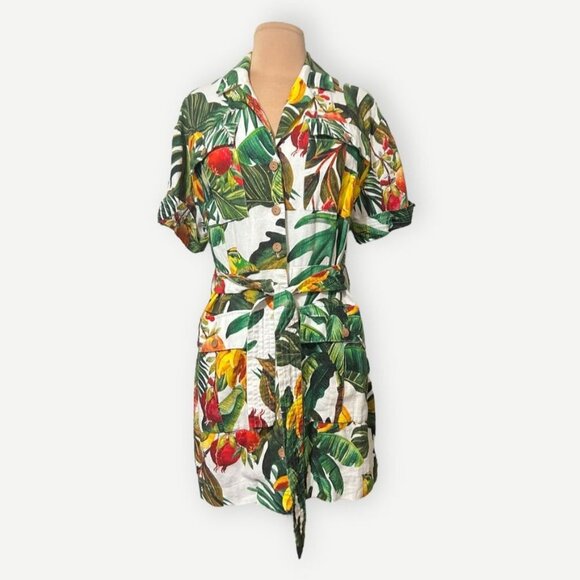 House of Harlow Tropical Print Utility Dress M Green White Linen Blend Buttons - Picture 1 of 8